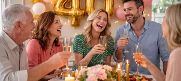 Glada gäster firar 40-årsfest med dekorationer och festdukning – skratt, champagneglas och festlig atmosfär med guldballonger och ljusslingor.
